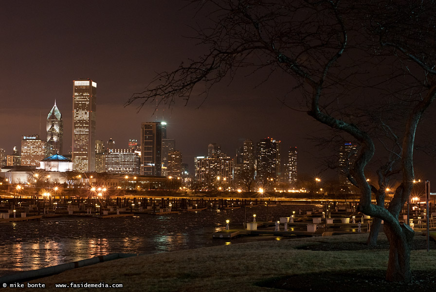Chicago Skyline And Burnham Park Harbor Night